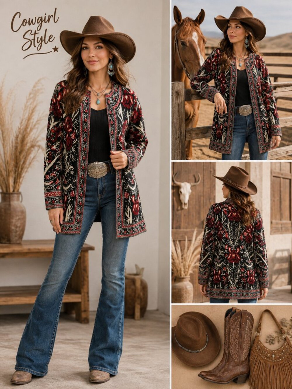 Maxsport Women's XS Cardigan Sweater Boho Floral Folk Open Front Western Cowgirl
